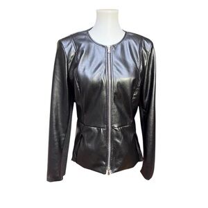 Tahari Faux Leather Black Bomber Jacket